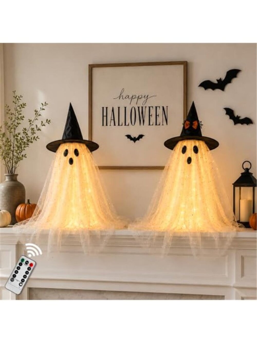 2pcs Halloween Decorations Indoor,Ghost Decor with String Lights Remote Control